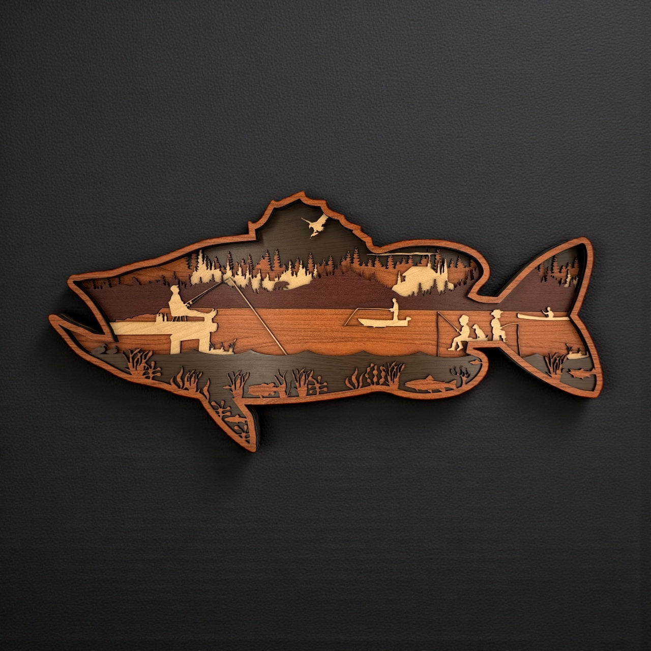 Multi-layer wood largemouth bass wall art with layered fishing lake design
