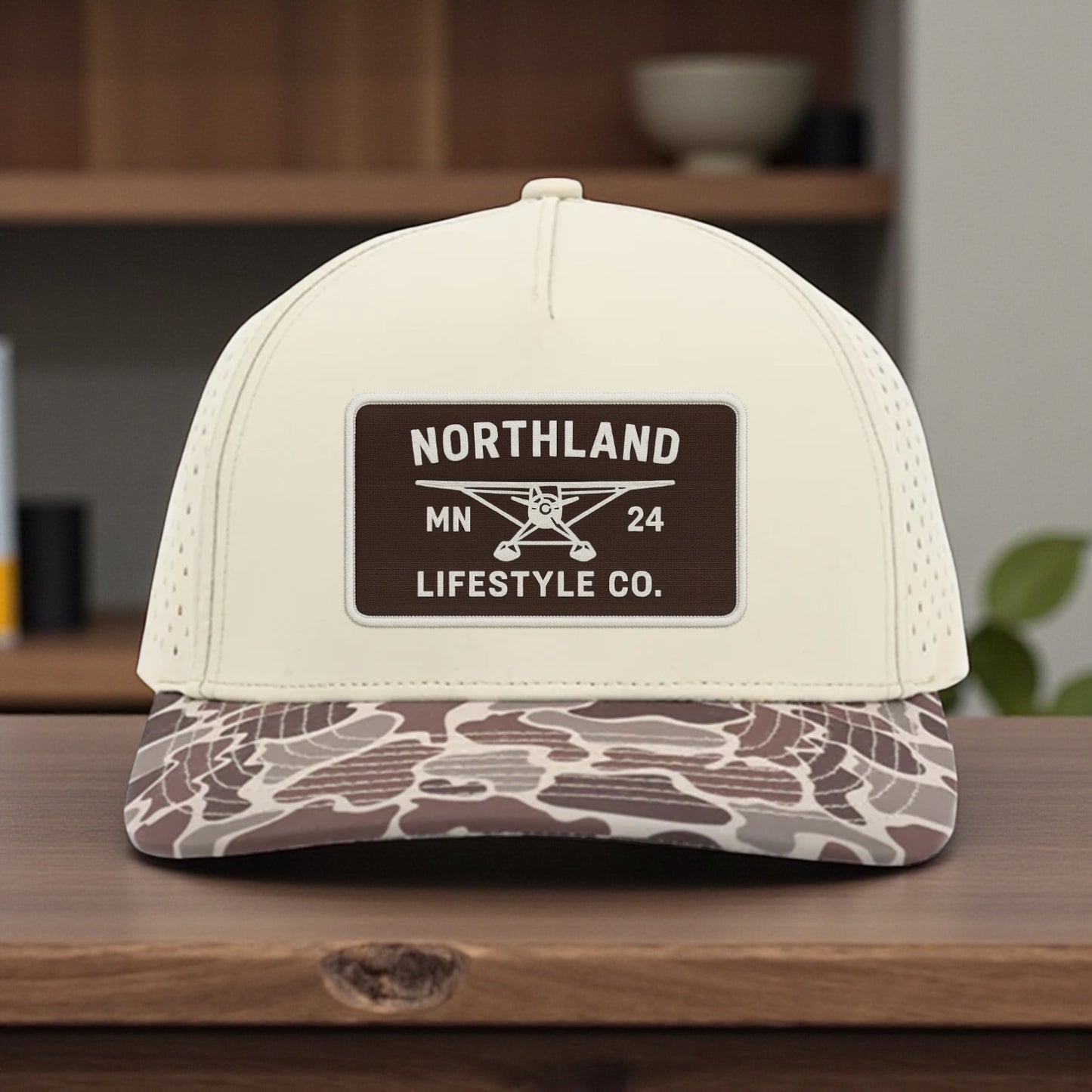 Crosswinds camo snapback cap with UV printed leatherette patch