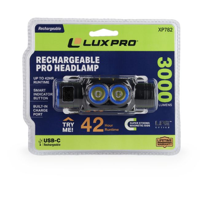 Lux Pro rechargeable pro headlamp packaging on a white background