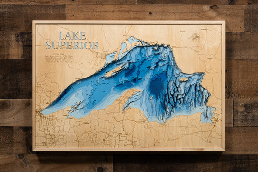 Wooden map of Lake Superior on a wooden background