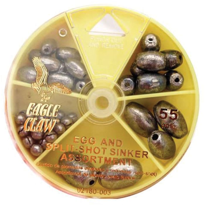 Eagle Claw Egg and Split Shot Sinker Assortment – 55 Piece Fishing Weights Kit