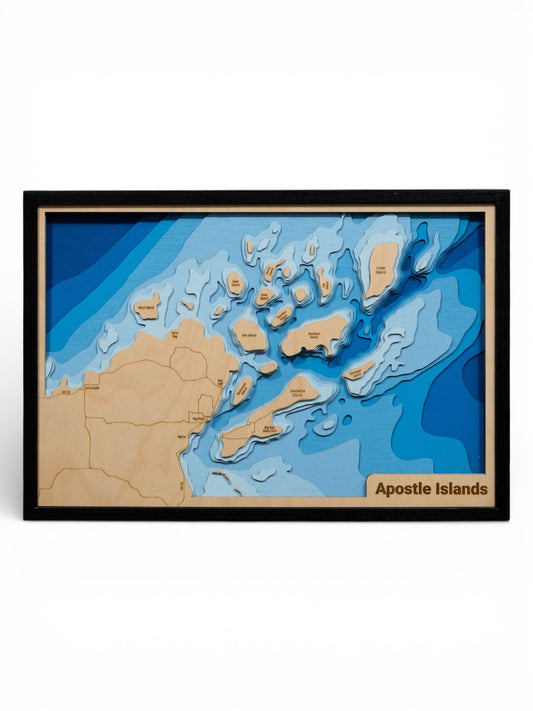 3D topographic map of the Apostle Islands with a black frame on a white background