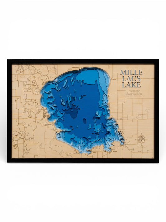 Topographic map of Mille Lacs Lake with a wooden texture and blue water, framed on and placed on a white background.