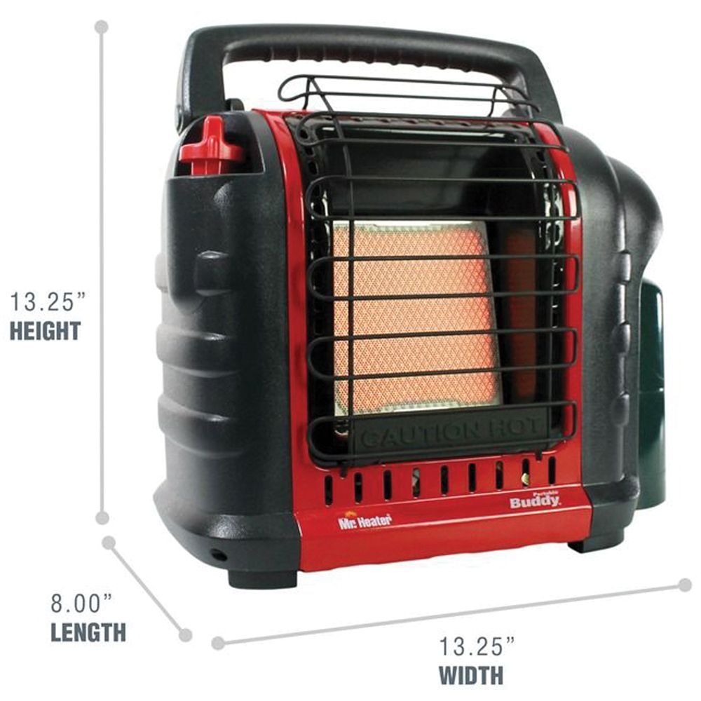 Red and black portable heater with dimensions labeled on a white background