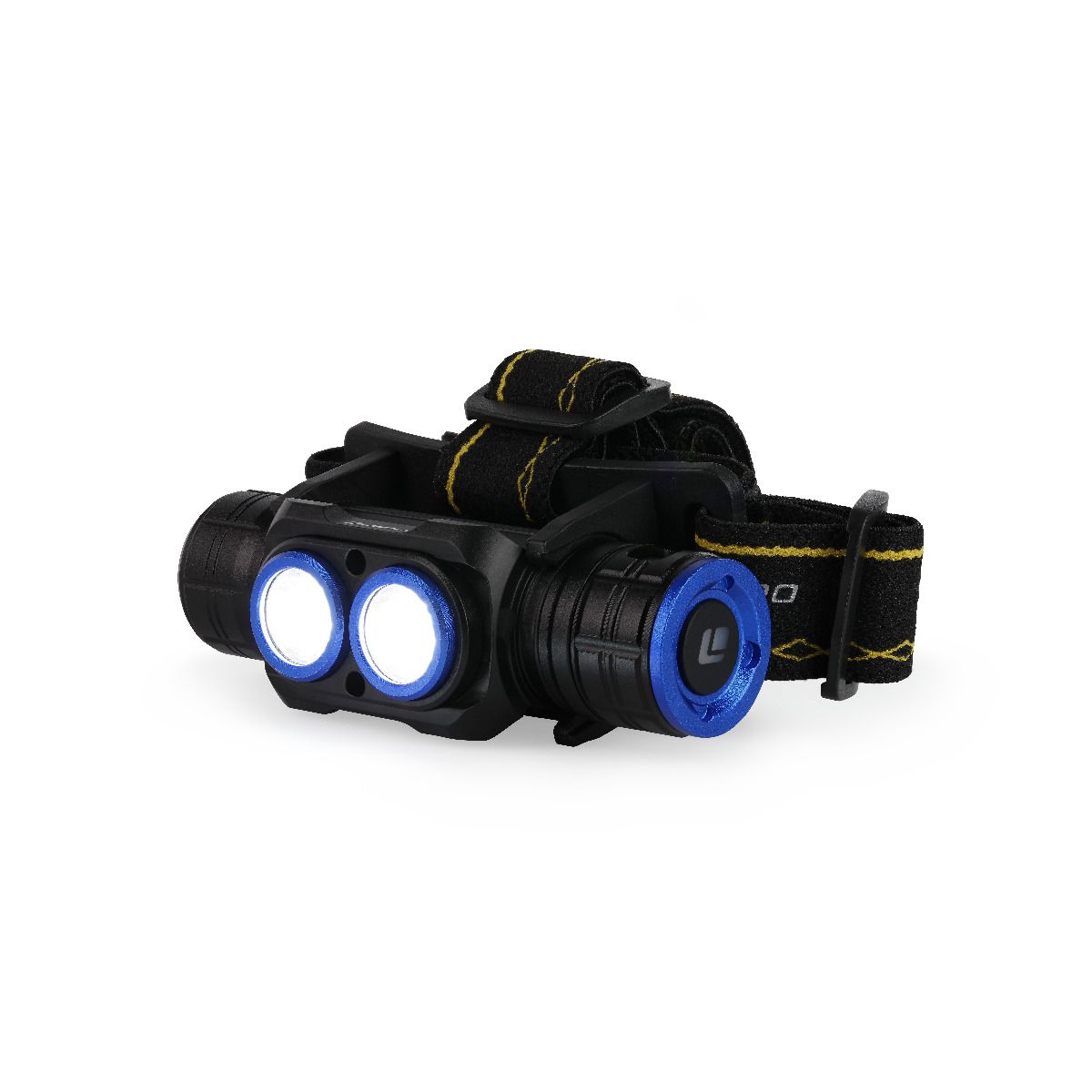 Black headlamp with blue lights on a white background