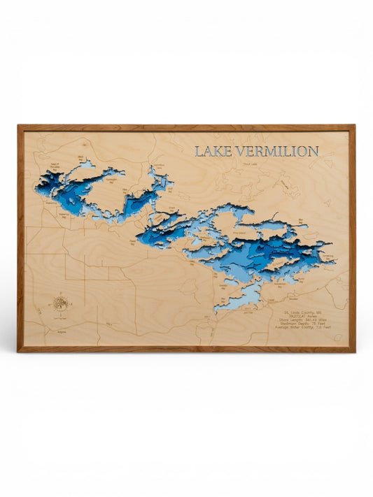 Topographic map of Lake Vermilion with a wooden frame