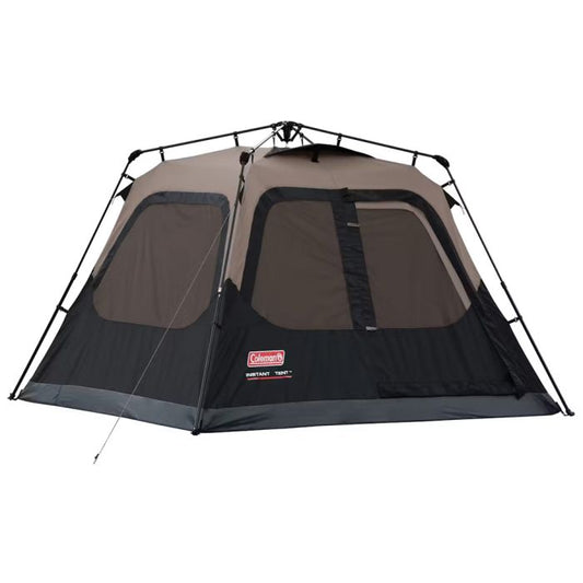 Camping tent with beige and black color scheme on a white background