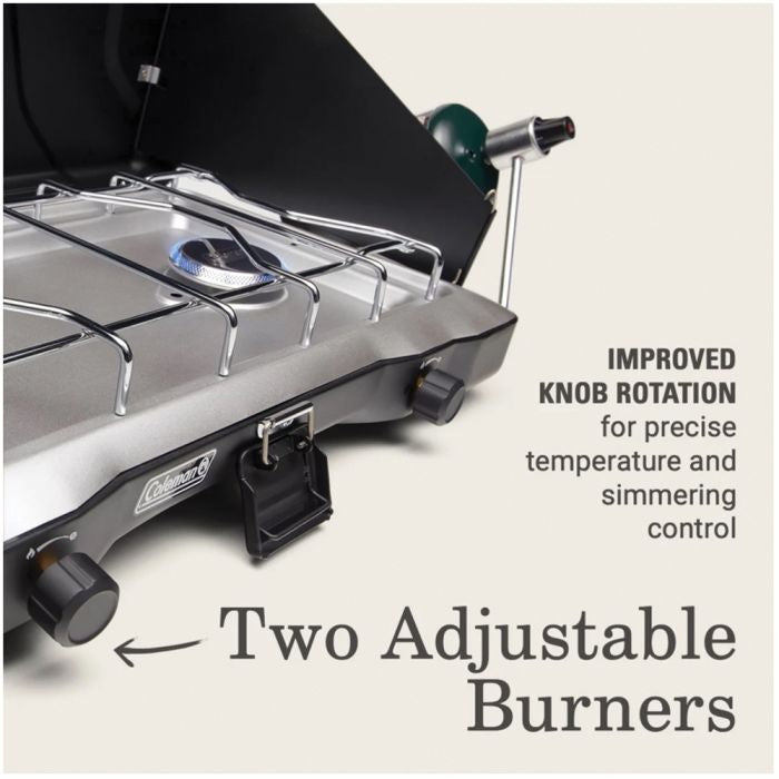 Camp stove with two adjustable burners and improved knob rotation feature.
