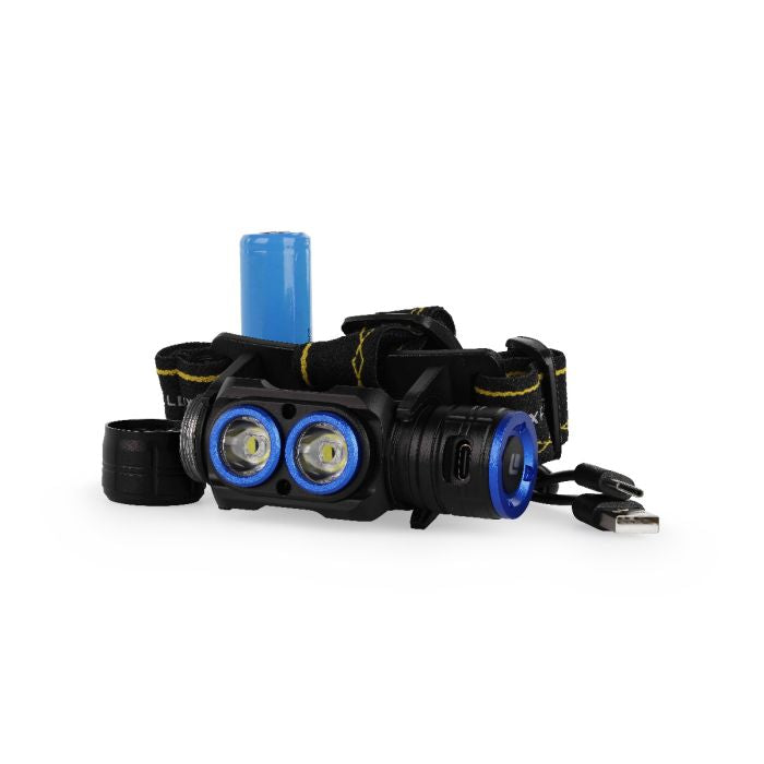 Black headlamp with blue accents on a white background