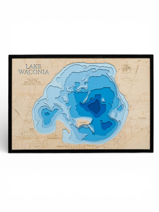 Topographic map of Lake Waconia with a wooden texture and blue water