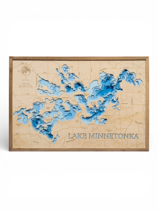 Wooden map of Lake Minnetonka with blue water and wooden frame.