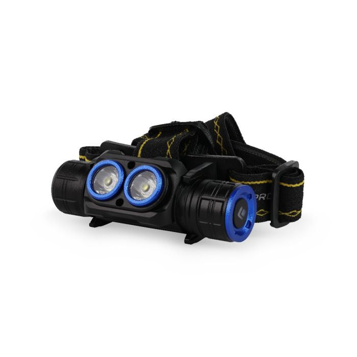 Black headlamp with blue lights on a white background