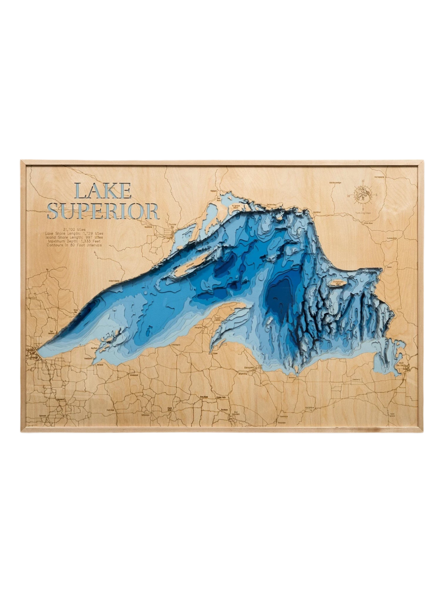 Topographic map of Lake Superior with a wooden frame