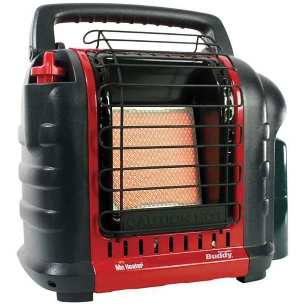 Portable heater with 'Caution Hot' label on a white background