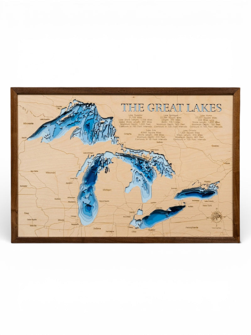 Map of The Great Lakes with a wooden frame on a white background