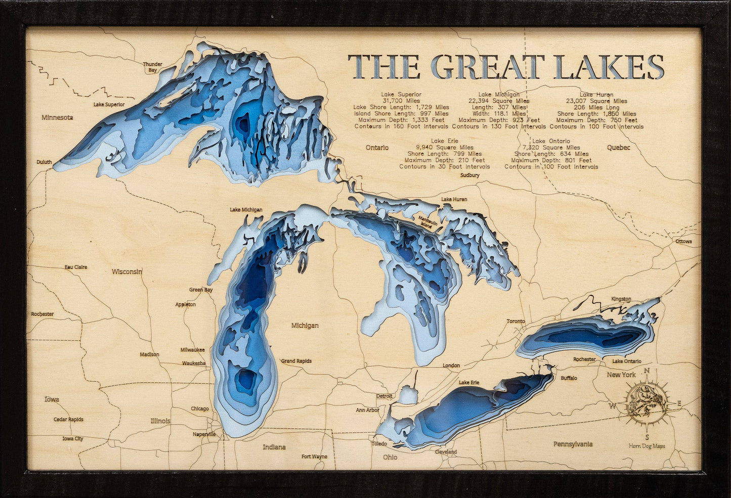 Map of The Great Lakes with topographic details on a wooden panel
