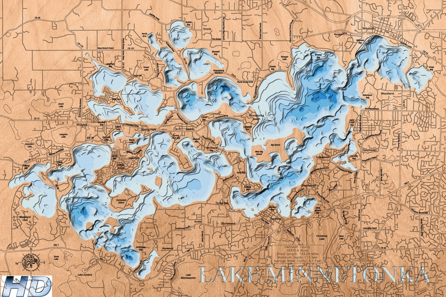 Topographic map of Lake Minnetonka with blue water and brown land.