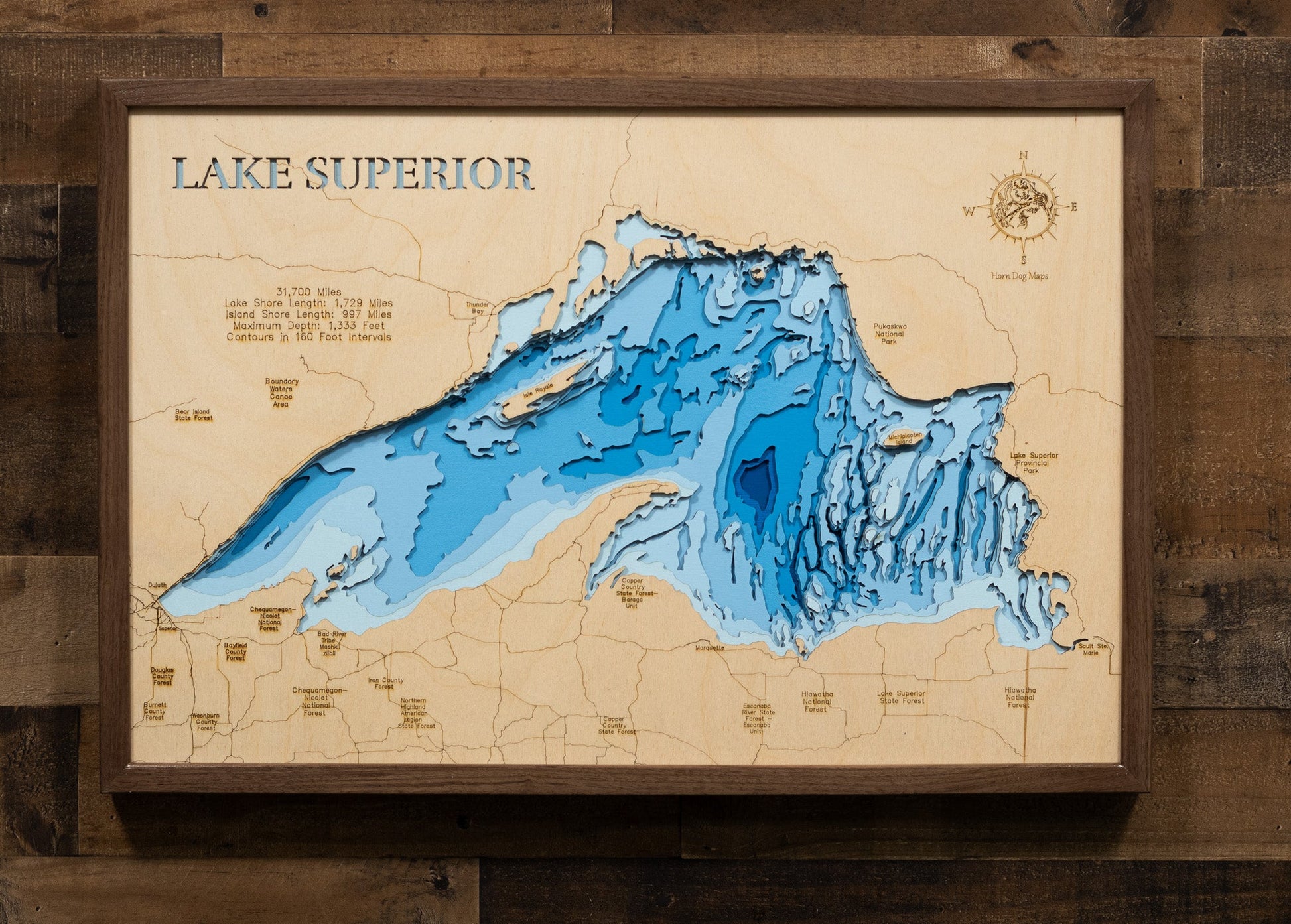 Wooden map of Lake Superior on a wooden background