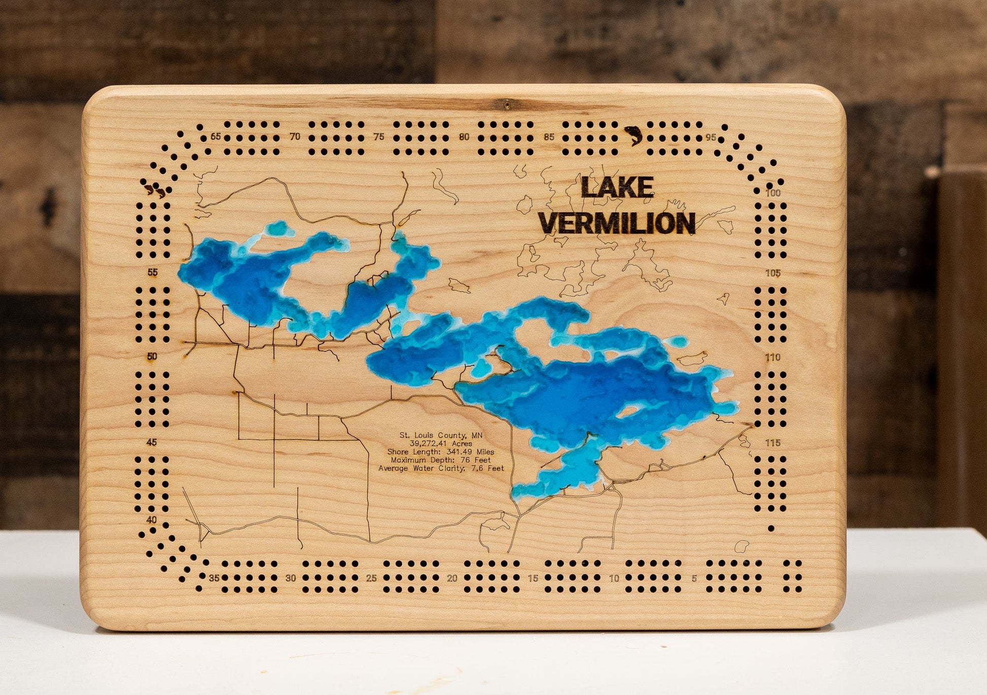 Wooden board with laser-cut map of Lake Vermilion