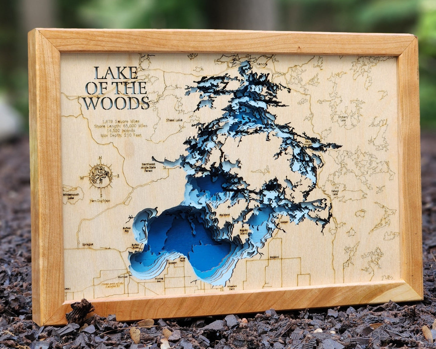 Map of Lake of the Woods with a wooden frame on a natural background
