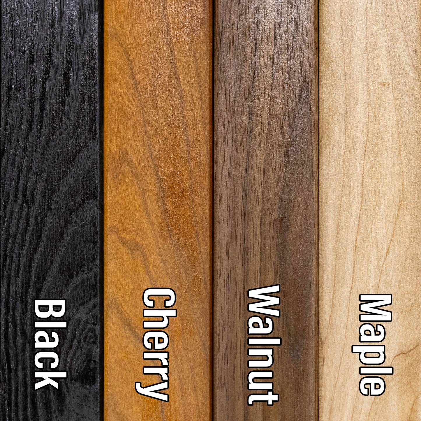 Four different wood finishes labeled 'Black', 'Cherry', 'Walnut', and 'Maple' arranged vertically.